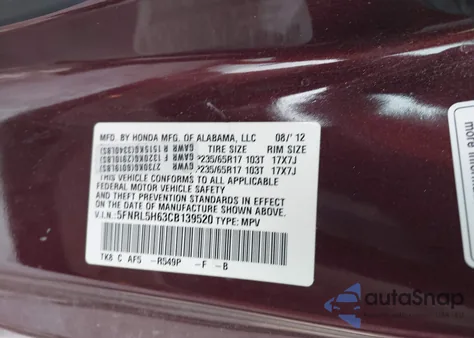 2012 Honda Odyssey Ex-L from USA, damaged, VIN 5FNRL5H63CB139520